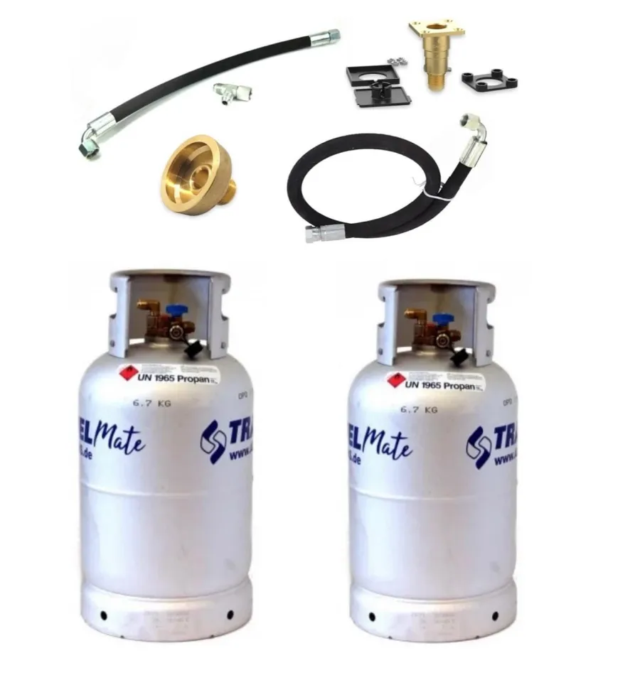 Set complet 2 rezervoare (butelii) reincarcabile GPL din aluminiu 27/22 l cu multivalva si indicator umplere - ALUGAS